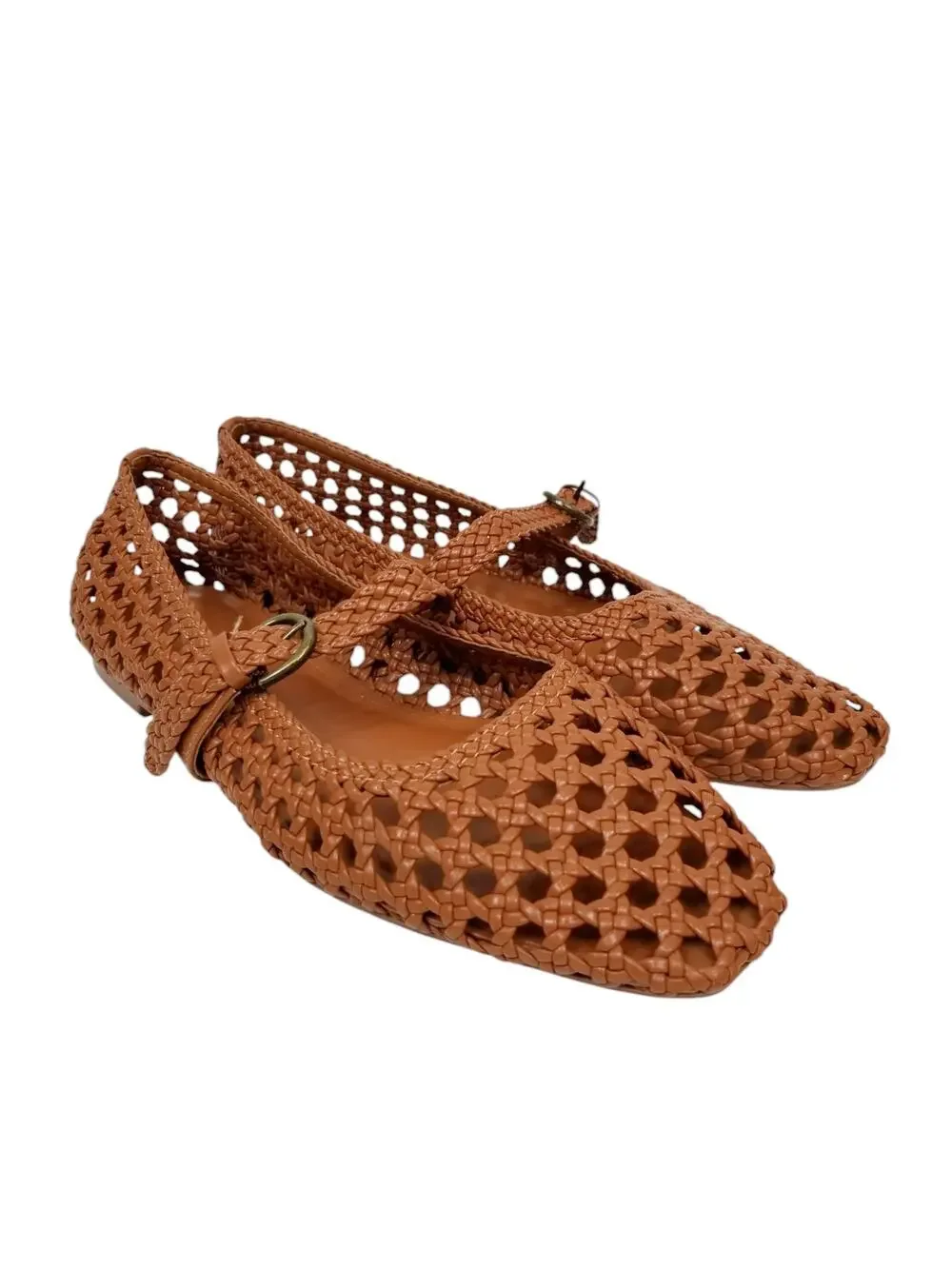 Cushionaire Weston Brown Faux Vegan Leather Woven Mary Jane Flats Women's Size 8